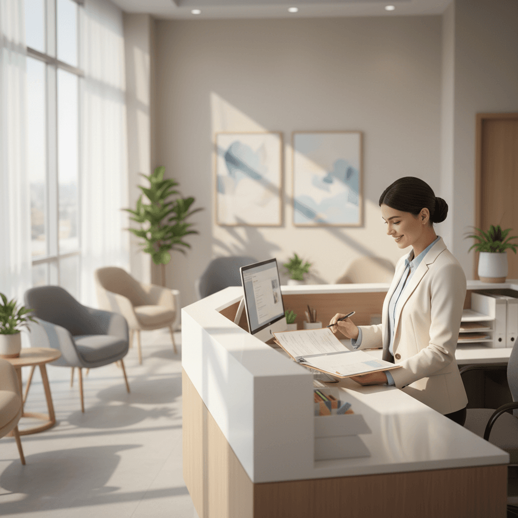 Professionnelle de santé accueillante à la réception