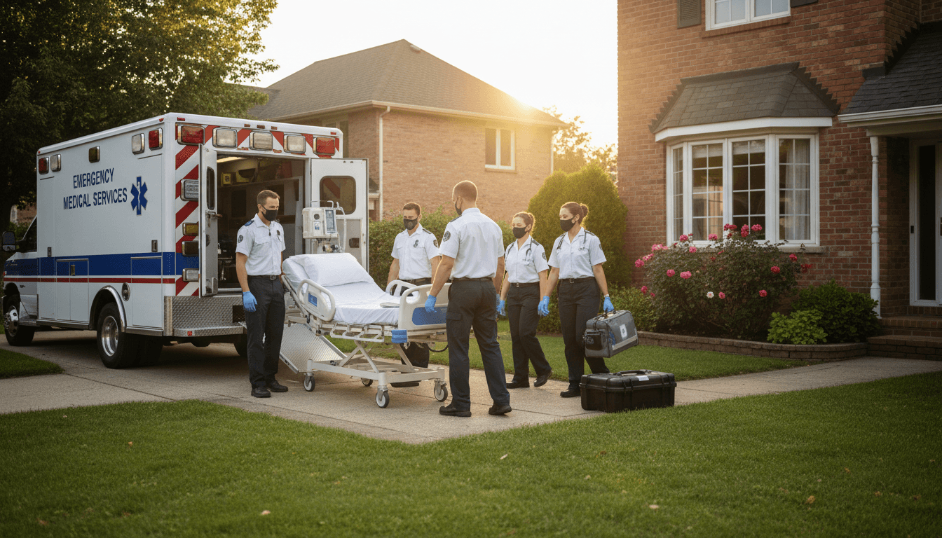 Healthcare team coordinating emergency equipment delivery and patient transport at residential home entrance with ambulance vehicle