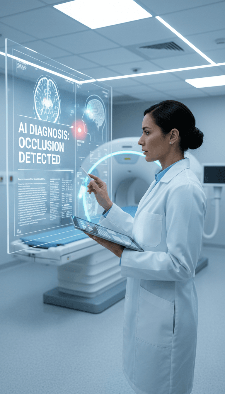 Physician in white coat reviewing medical imaging and clinical notes on display and tablet in modern diagnostic imaging room