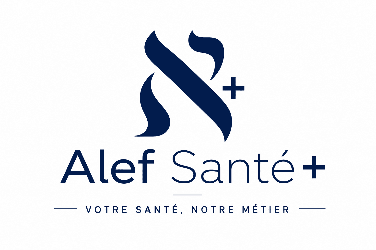 Logo Alef Santé+ avec symbole Aleph bleu et slogan Votre santé, notre métier.